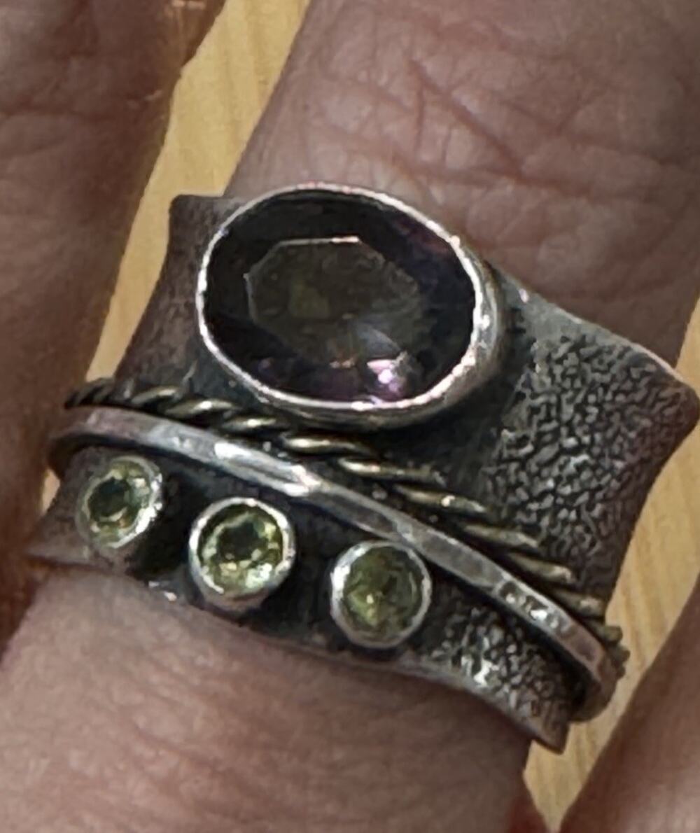 Bali Sterling Silver Mystic Quartz Peridot Gemstone Spinner Sz 8 Meditation Ring